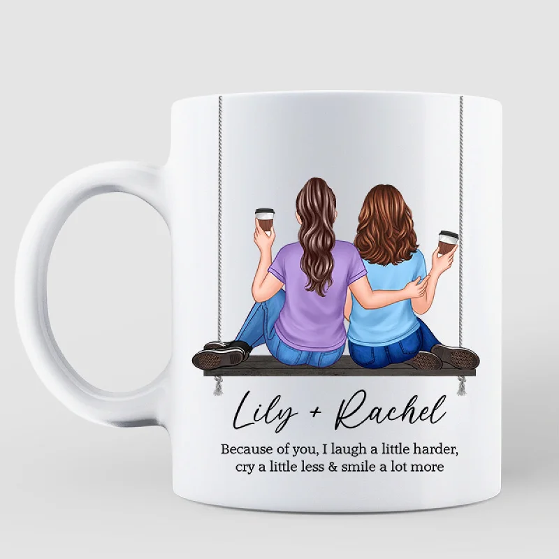 personalized coffee cup with picture -Embracing Besties Sisters On Swing Personalized Mug