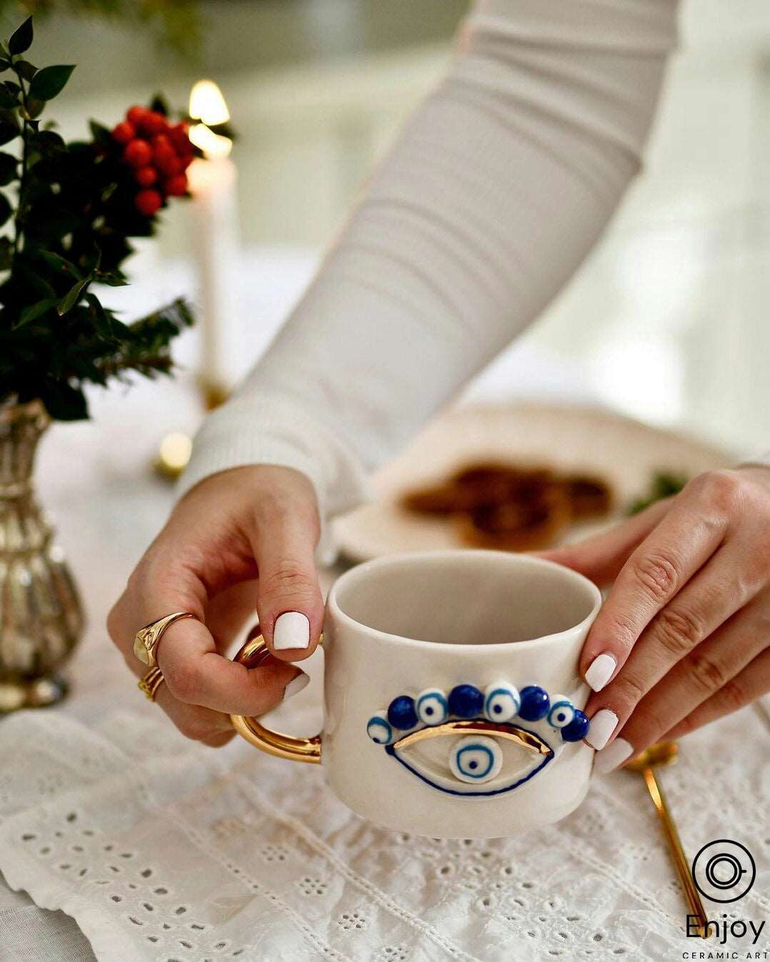 modern tea cup with design -Evil Eye Coffee Mug - Artisanal, Handmade 10oz Ceramic Coffee Cup with Gold Handle, Evil Eye Protection Symbol