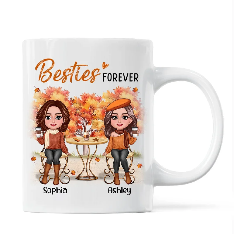 novelty coffee cup with design -Fall Season Besties Sisters Sitting Table Personalized Mug