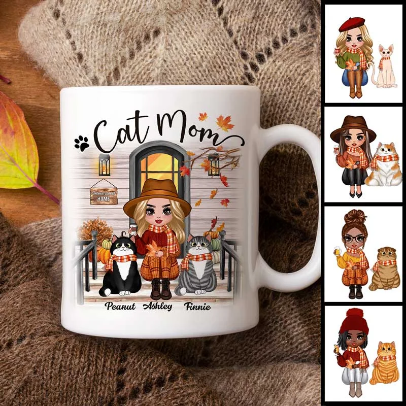 fun design coffee mug for office -Fall Season Doll Cat Mom Front Porch Personalized Mug