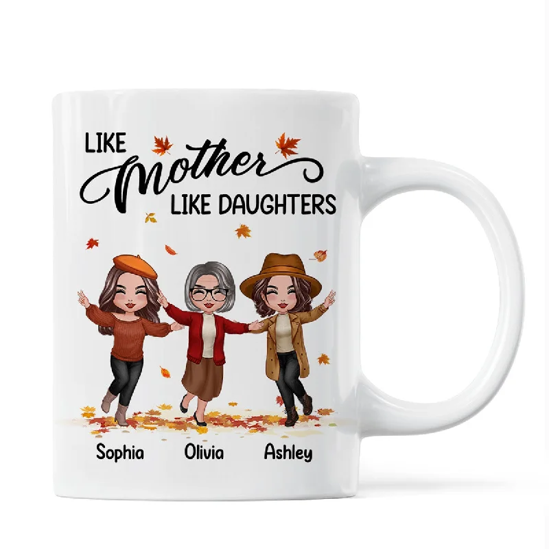 cute coffee mug for mom -Fall Season Happy Doll Mom Daughters Playing With Autumn Leaves Personalized Mug