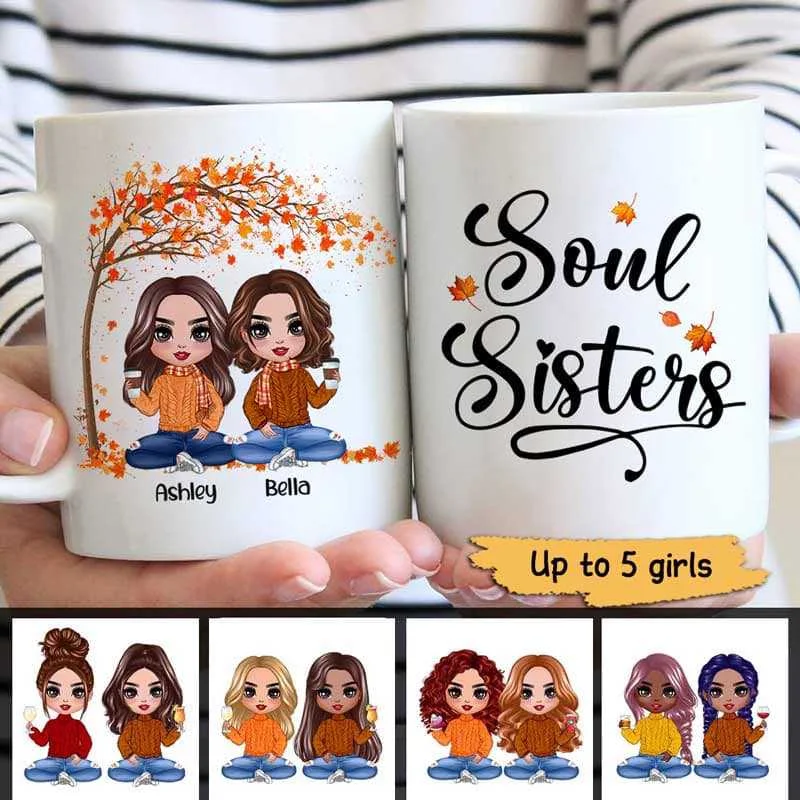 reusable thermal coffee mug -Fall Season Under Tree Doll Besties Best Friends Personalized Mug