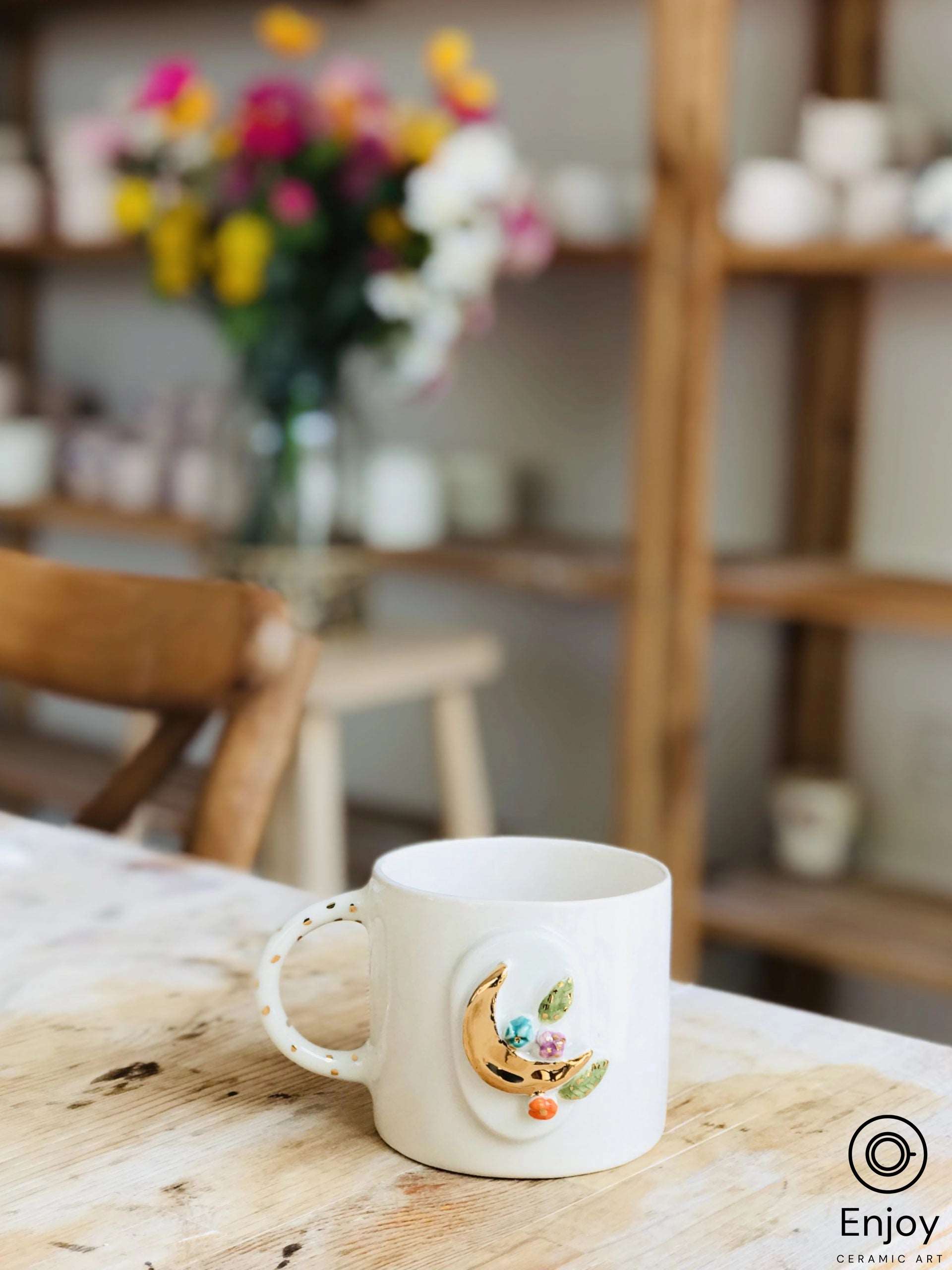 best travel coffee mug for work -Flowers Moon Mug - Handmade Gold Crescent Moon and Flowers Ceramic Coffee Mug - 10oz