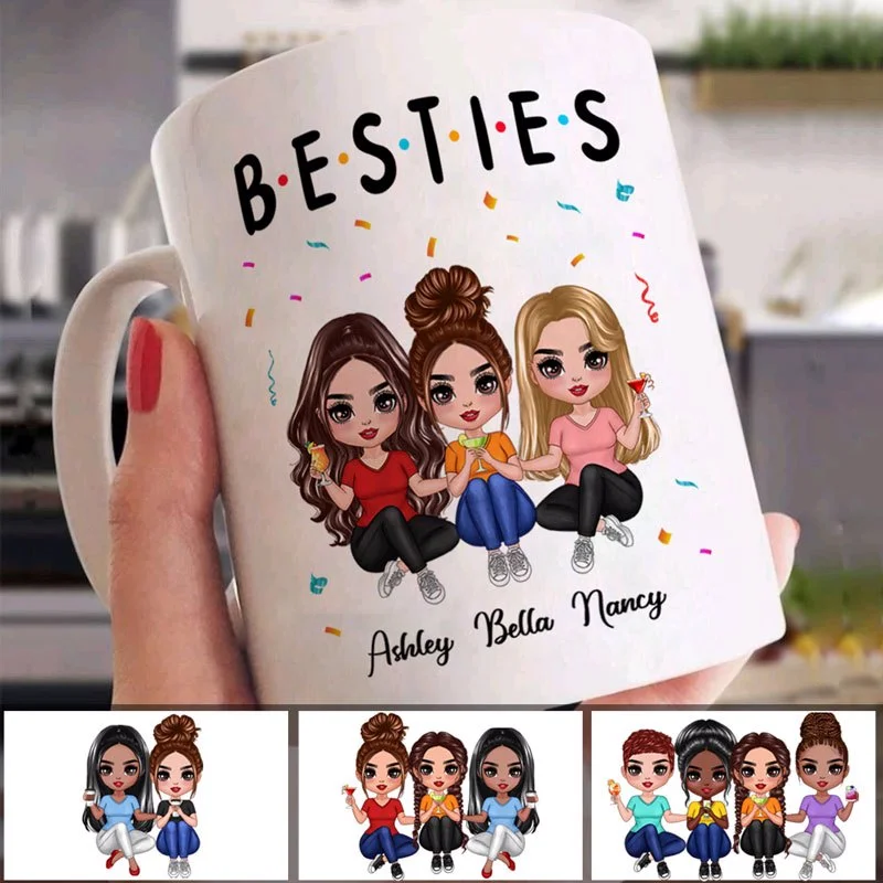 travel mug with thermal insulation -Friends Sisters Besties Sitting Doll Personalized Mug