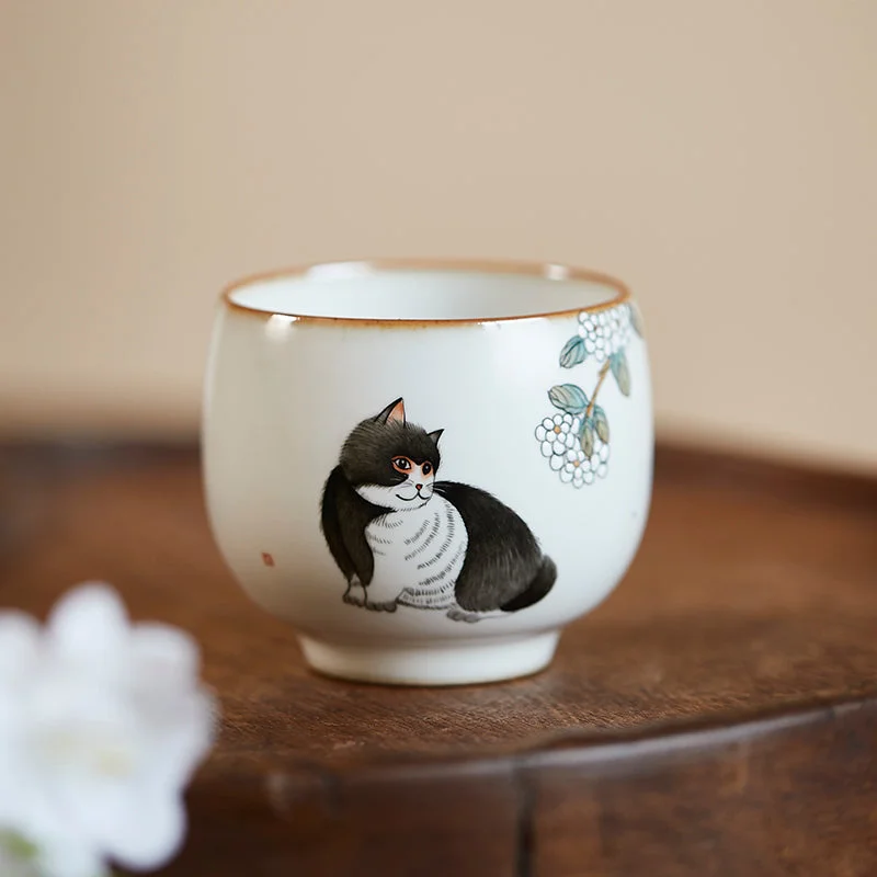 gift coffee mugs for friends -Gohobi Hand-painted Black & White Cat Hydrangeas Ceramic Tea Cup