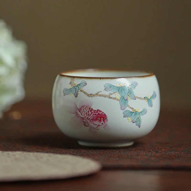 cute coffee mug with photo -Gohobi Hand-painted Goldfish Osmanthus Ceramic Tea Cup