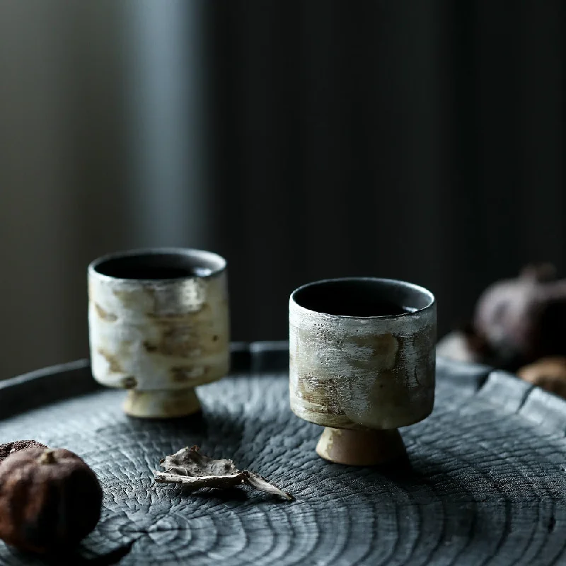 tea mug with lid -Gohobi Handmade Ceramic White Silver Brushing Tea Cup