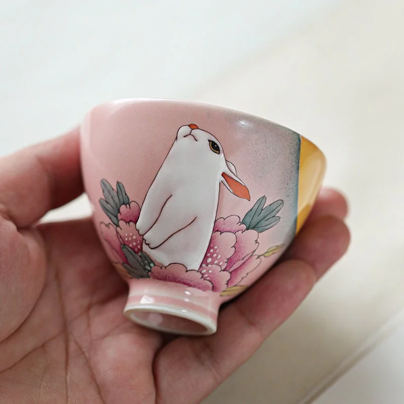 funny tea cup for gifts -Gohobi Hand-painted Rabbit Pink Tea Cup