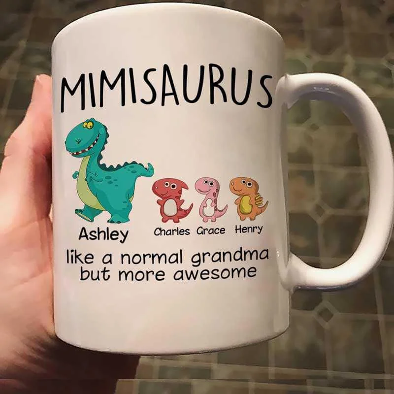 insulated glass coffee mug -Grandma Mom Auntie Dinosaurs And Kids Personalized Mug