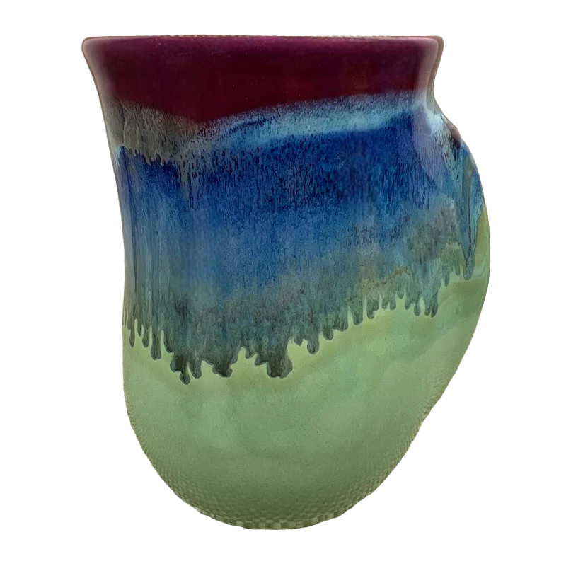 luxury coffee travel mug -Hand Warmer Purple Blue Green Pottery Mug Neher Clay In Motion