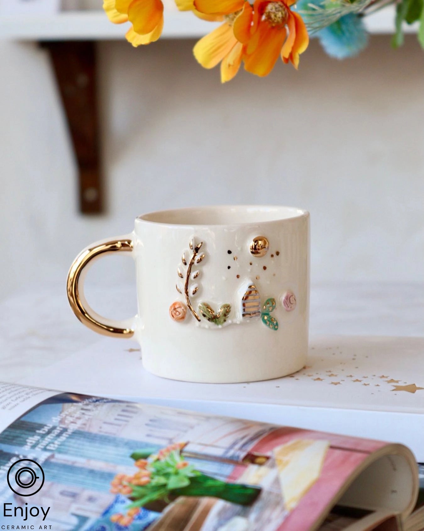 premium ceramic coffee cup -Happy Forest Mug- Handmade Happy Forest Floral Coffee Mug – 10oz Flower-Adorned Hand-thrown Ceramic Mug