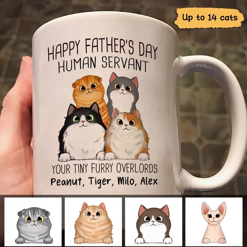 reusable glass coffee mug -Happy Father‘s Day Human Servant Fluffy Cats Gift For Cat Dad Personalized Mug