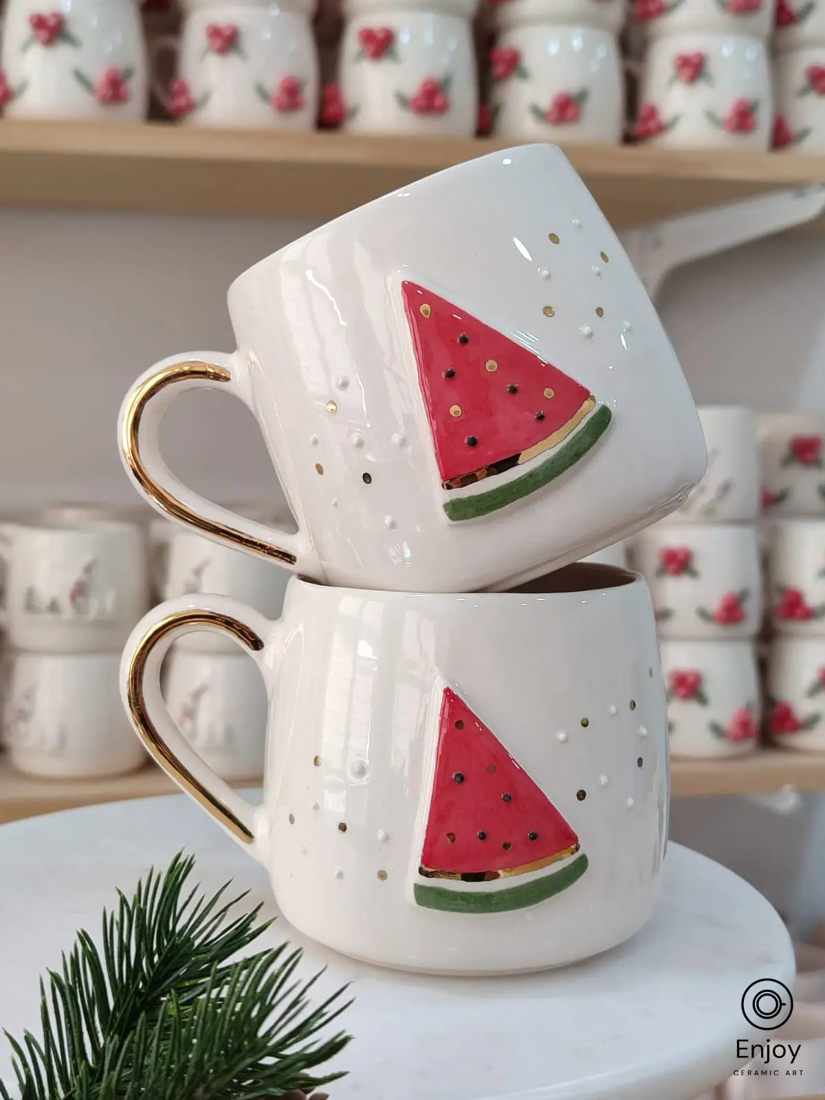 insulated coffee cup with handle -Handcrafted Watermelon Summer Mug with Gold Handle – Your Slice of Summer