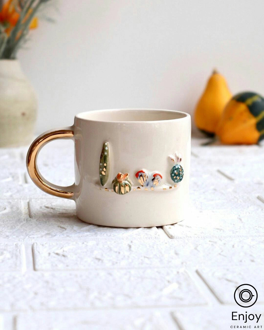 handmade coffee mug for gifts -Handcrafted 'Mexico' Cactus Ceramic Coffee Mug - 10 oz Hand Thrown Pottery Coffee Mug with Gold Handle