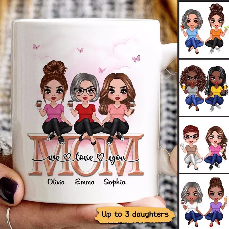 personalized ceramic tea mug -Mom Daughter Doll Sitting On Text Personalized Mug