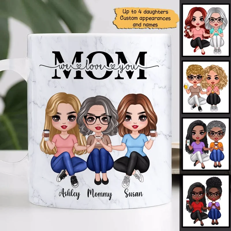 unique ceramic tea mug -Mom We Love You Marble Texture Doll Women Sitting Personalized Mug