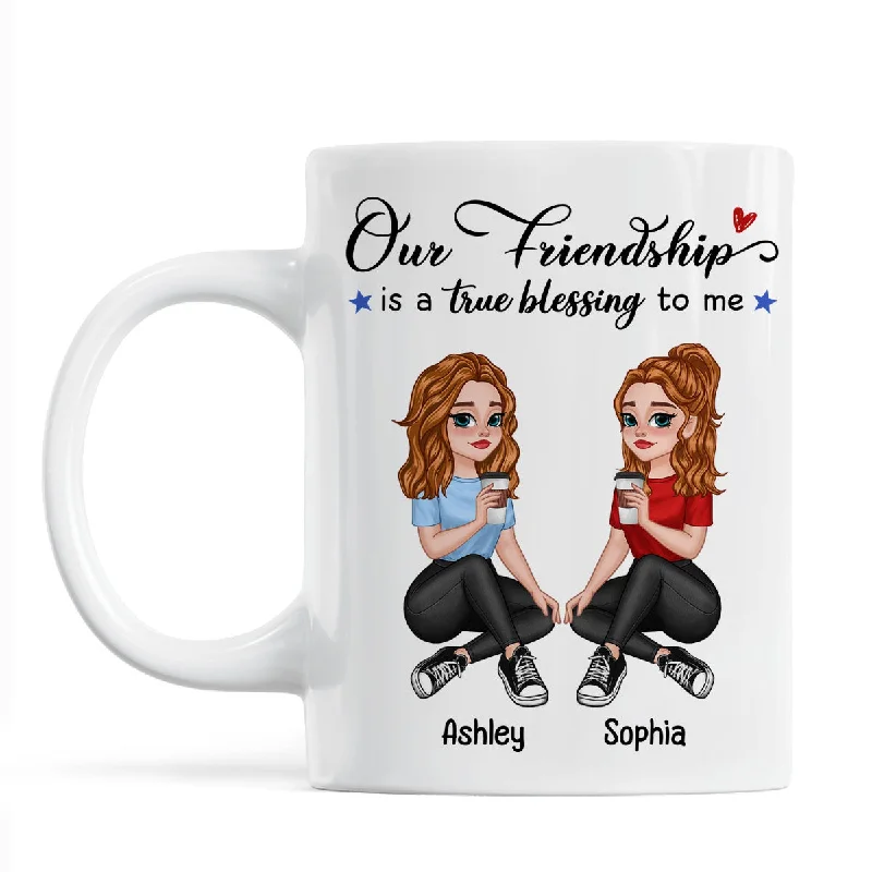 travel coffee cup with custom design -Our Friendship True Blessing Pretty Cartoon Besties Sisters Personalized Mug