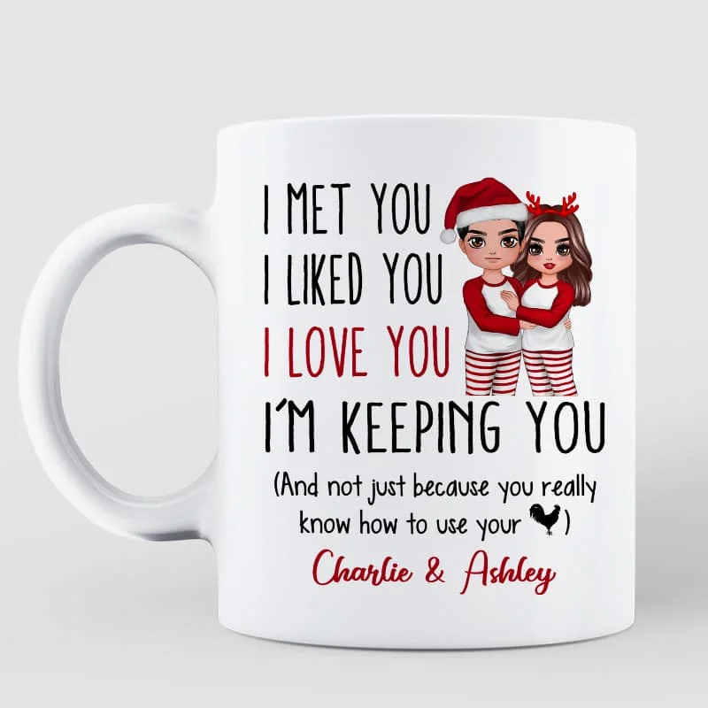 unique travel coffee mug with design -Pajamas Doll Couple I Met You I Love You Personalized Mug