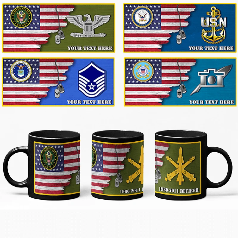 warm insulated coffee mug -Personalized USA Flag with Military Insignia and Text 11oz-15oz Black Mug