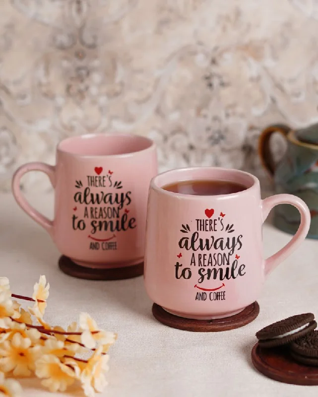 personalized glass tea mug -Pink & Black Printed Ceramic Glossy Mugs | Set of 2 | 300ml