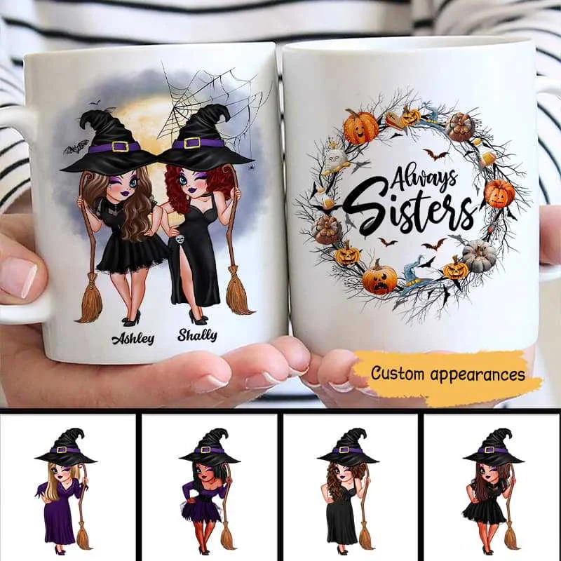 motivational travel coffee mug -Pretty Best Friends Alway Sisters Halloween Wreath Personalized Mug