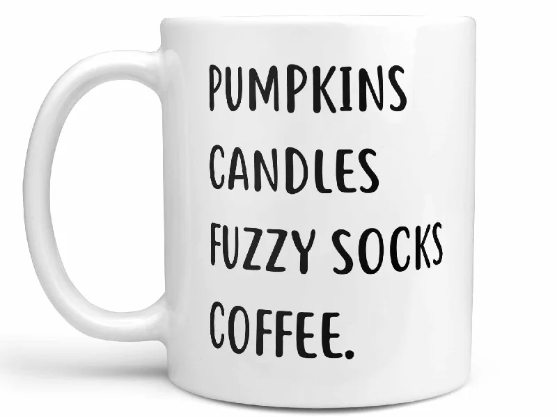 travel coffee cup with cute design -Pumpkins Candles Fuzzy Socks Coffee Mug