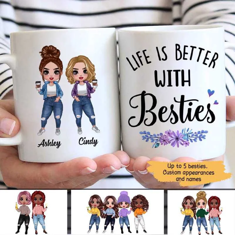 stylish ceramic coffee mug -Purple Flower Doll Besties Sisters Standing Personalized Mug