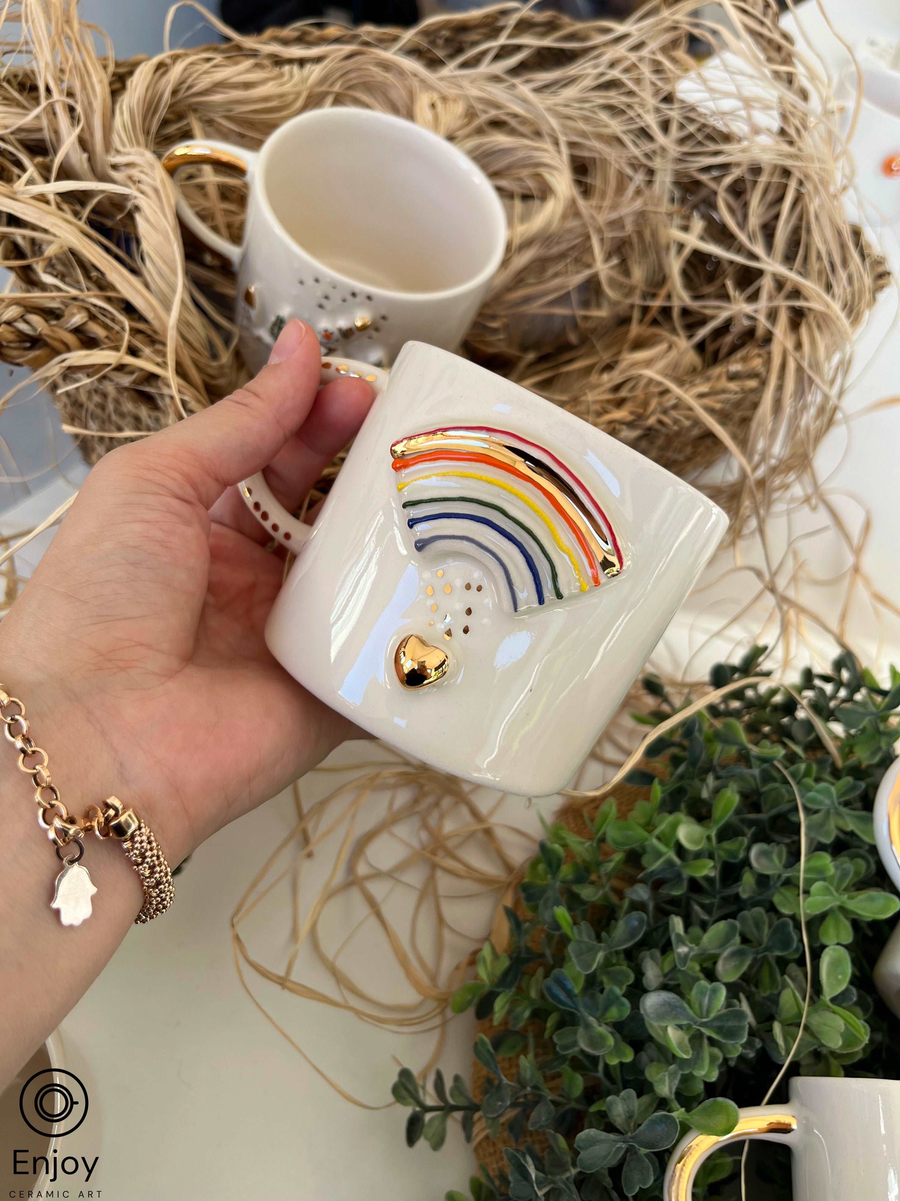 cute coffee mug for mom -Rainbow Mug - Handmade Rainbow Espresso Mug - 10 oz Ceramic Coffee Mug with Gold Heart