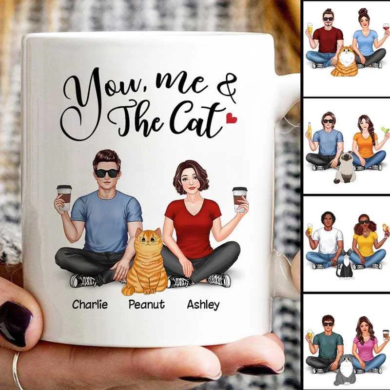 stylish coffee cup with lid -Couple Sitting You Me And The Cats Personalized Mug