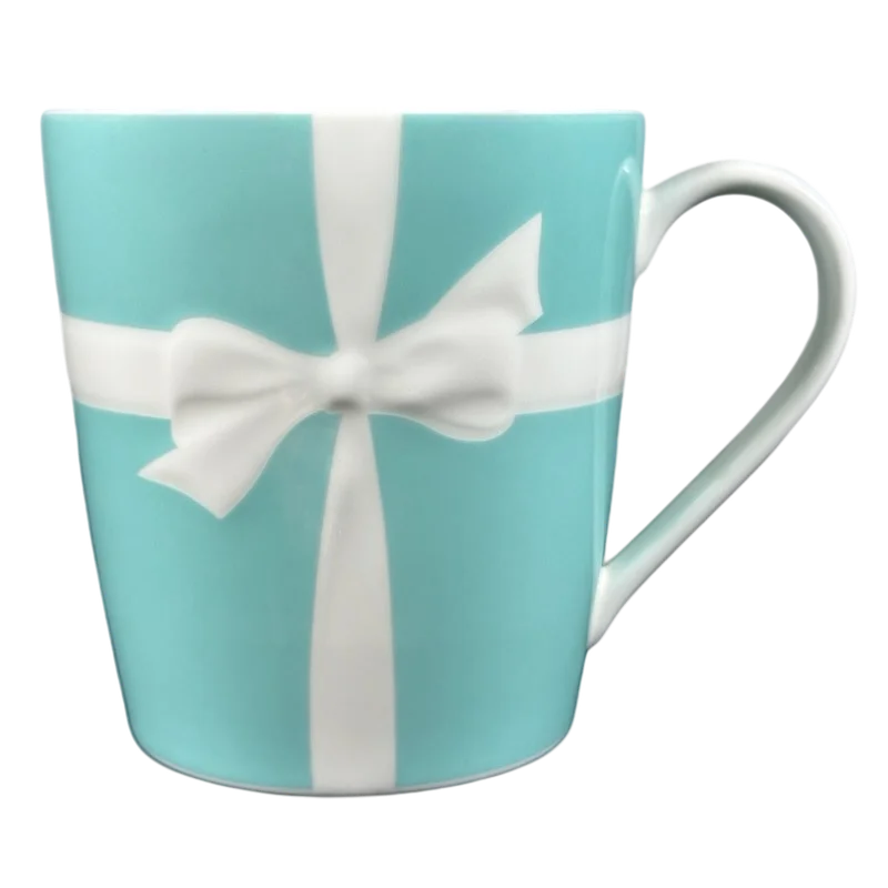 cute tea mug with design -Ribbon Bow Embossed Tiffany Blue & White Mug Tiffany & Co