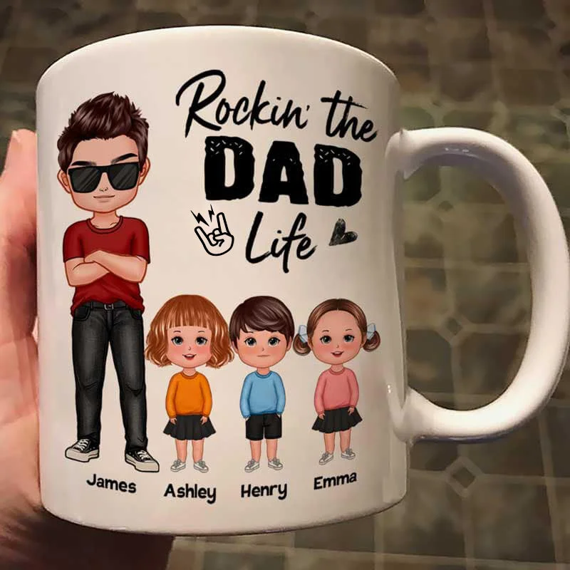 ceramic travel mug for hot drinks -Rockin‘ The Dad Life Doll Dad With Kids Father’s Day Gift Personalized Mug