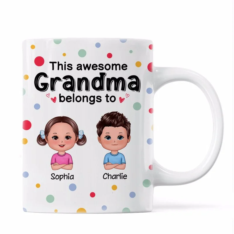 novelty coffee cup with design -This Mom Grandma Grandpa Dad Belongs To Cute Doll Kids Colorful Dot Personalized Mug