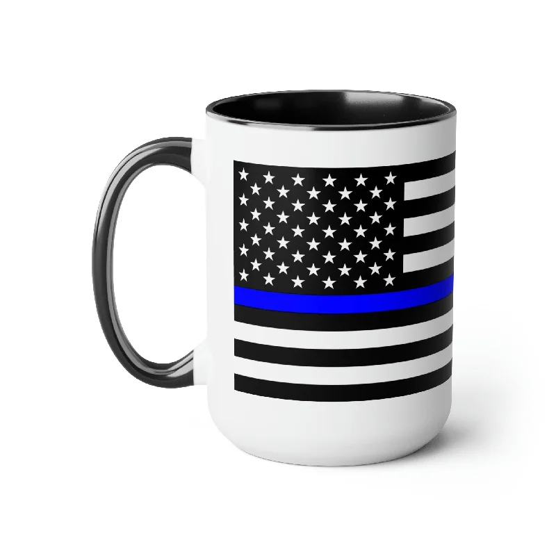 customized travel mug -Two-Tone Thin Blue Line Flag Coffee Mugs, 15oz