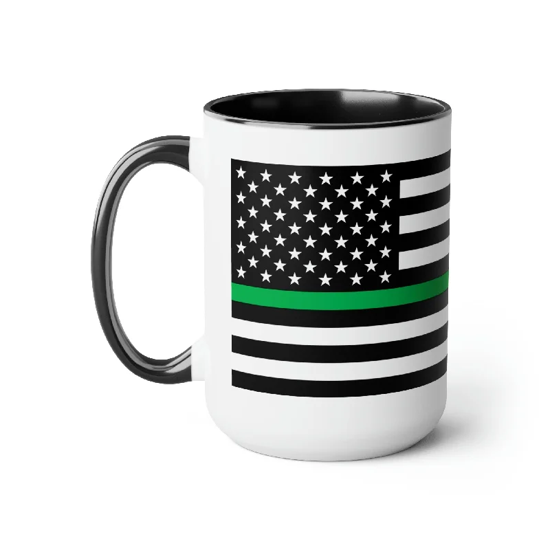 personalized coffee travel cup -Two-Tone Thin Green Line Flag Coffee Mugs, 15oz