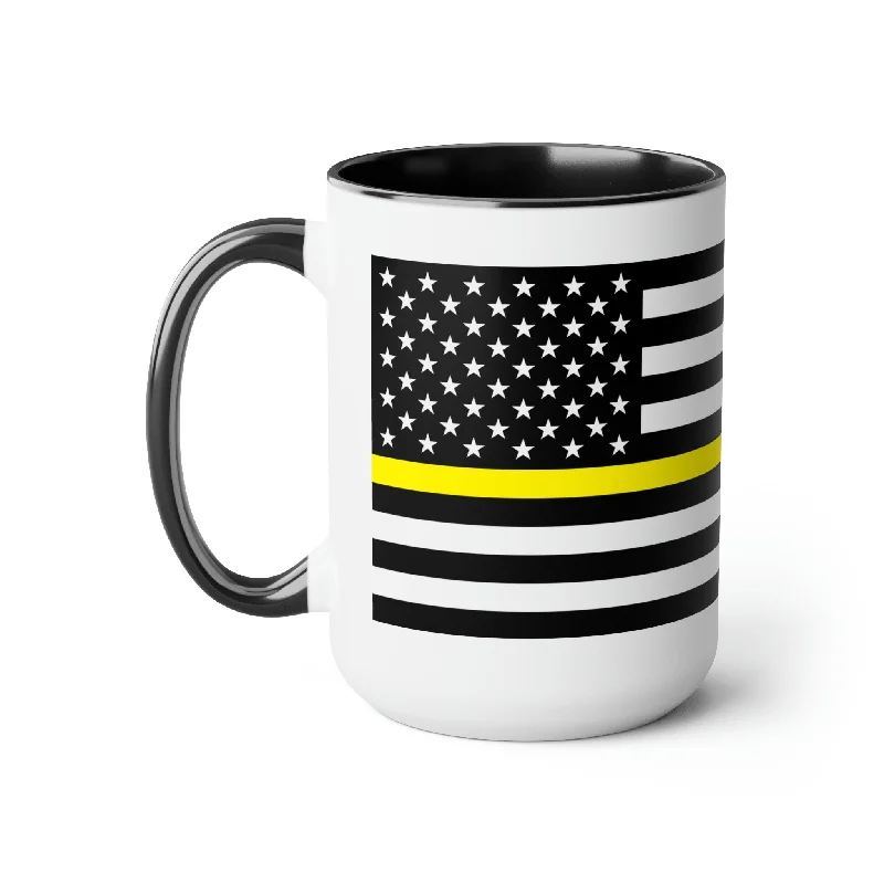 stylish coffee cup with lid -Two-Tone Thin Yellow Line Flag Coffee Mugs, 15oz