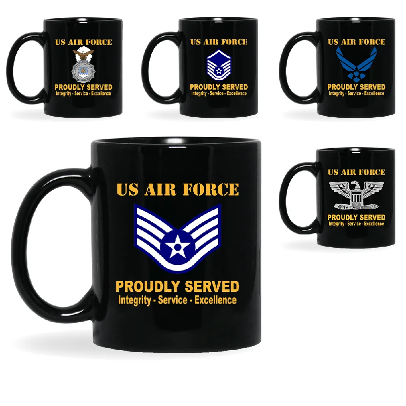 large travel mug with design -US Air Force Insignia Proudly Served Core Values 11oz - 15oz Black Mug