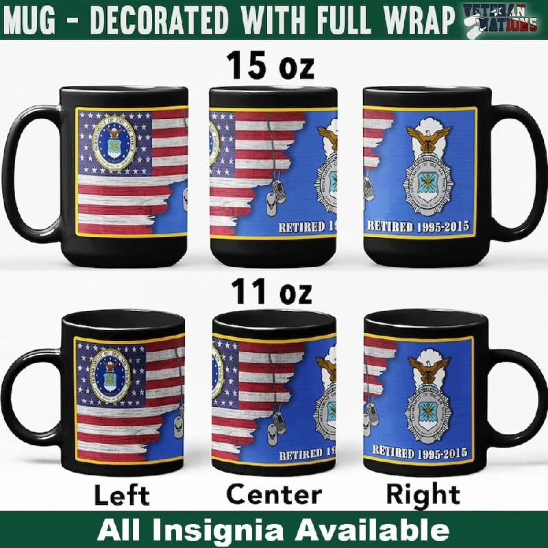 tea mug for office -US Air Force Insignia With American Flag - Personalized 11oz - 15oz Black Mug