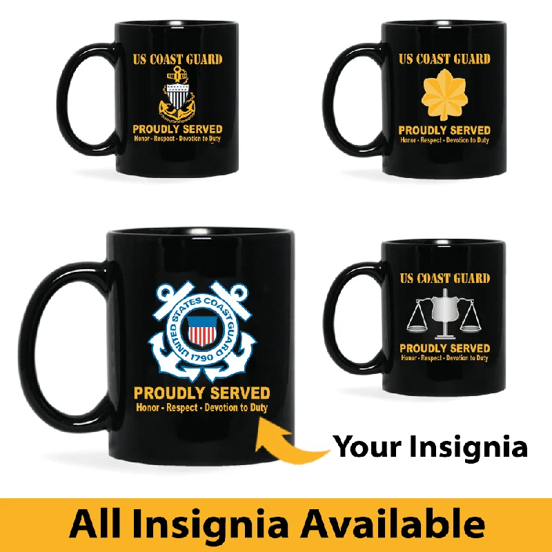 cool coffee mug with design -US Coast Guard Insignia Proudly Served Core Values 11oz - 15oz Black Mug