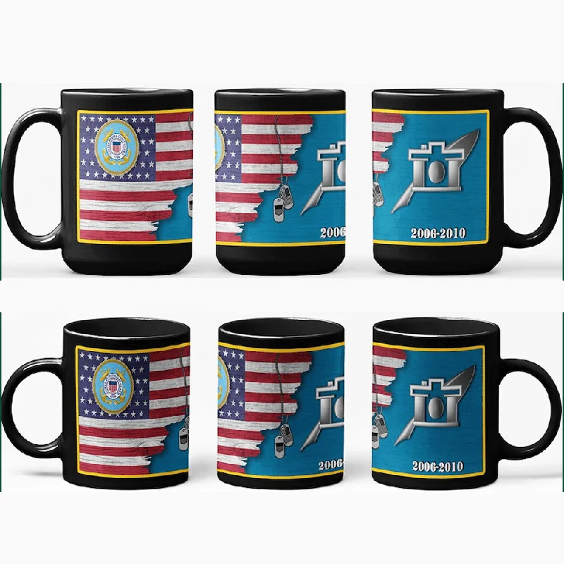 sports team coffee mug -US Coast Guard Insignia With American Flag - Personalized 11oz - 15oz Black Mug