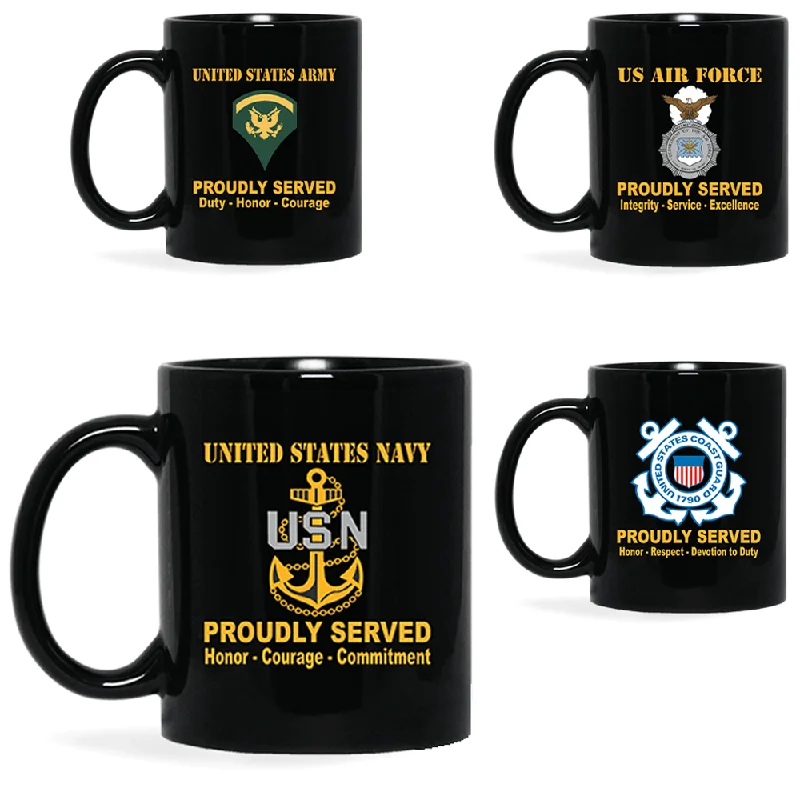 customized travel mug -US Military Insignia Proudly Served Core Values 11oz-15oz Black Mug