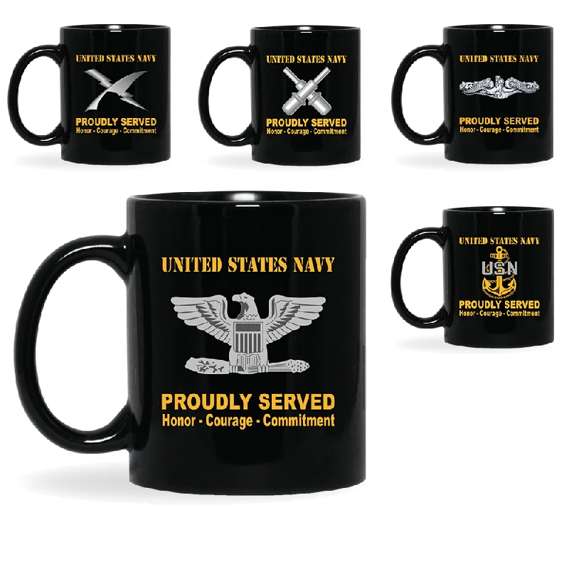 rustic tea mug -US Navy Insignia Proudly Served Core Values 11oz - 15oz Black Mug