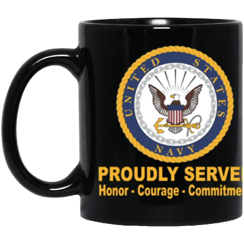 eco-friendly coffee mug with lid -US Navy Logo Proudly Served Core Values 11 oz. Black Mug