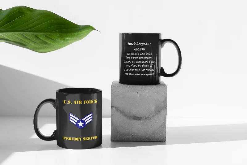 colorful tea cup set -USAF E-4 Buck Sergeant Definition 11 oz. Black Mug