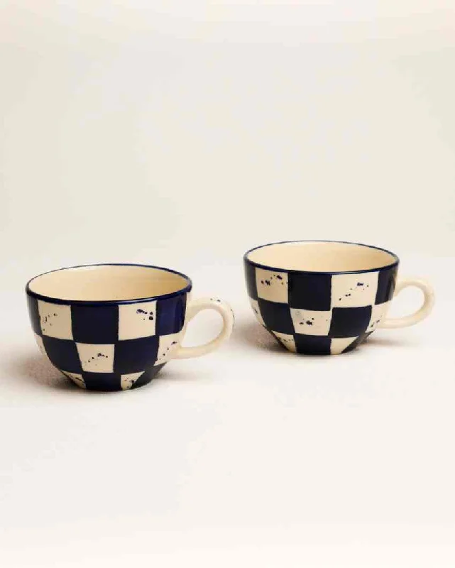 large tea mug for gifts -Vibrant Blue Check Ceramic Stoneware Coffee Mug | Set of 2 | 380 ML