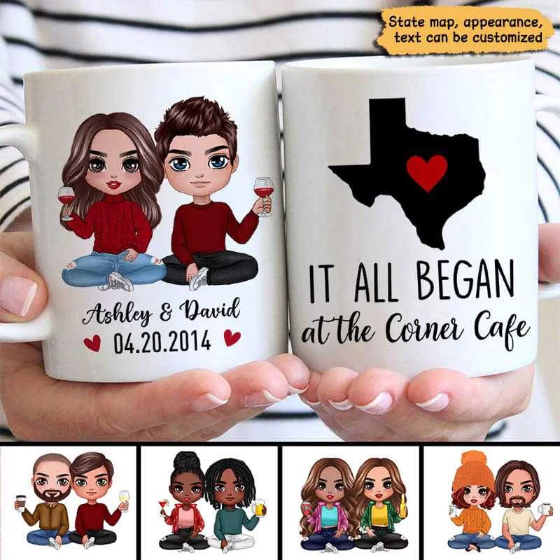 cute holiday coffee mug -Where It All Began Doll Couple Sitting State Map Gift Anniversary Gift For Her For Him Personalized Mug