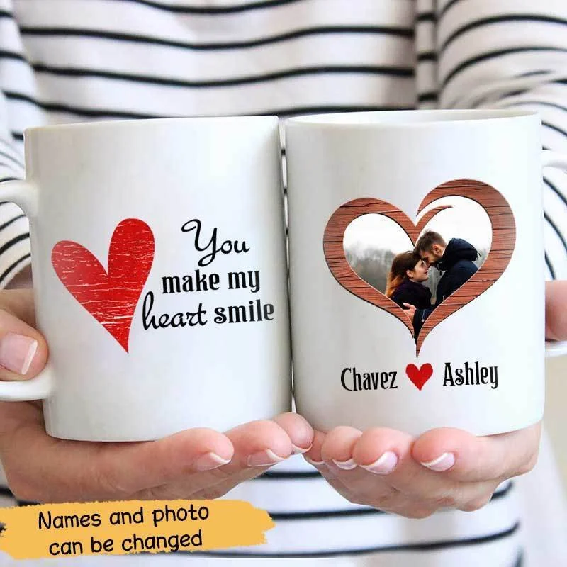 personalized travel cup with name -You Make My Heart Smile Couple Personalized Coffee Mug