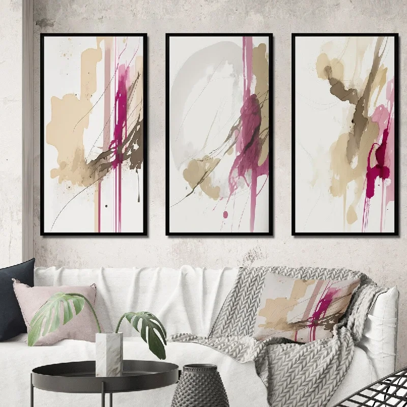 geometric coastal modern paintings-Designart "A Touch Of Viva Magenta II" Abstract Liquid Ink Framed Wall Art Set Of 3 - Modern For Home Decor