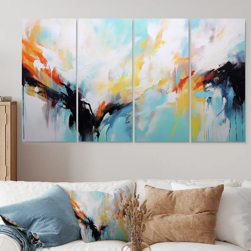 oversized geometric nature-inspired paintings-Designart "Azure Blue White Fusion" Abstract Painting Extra Large Canvas Set Of 4 - Oversized Modern Wall Art