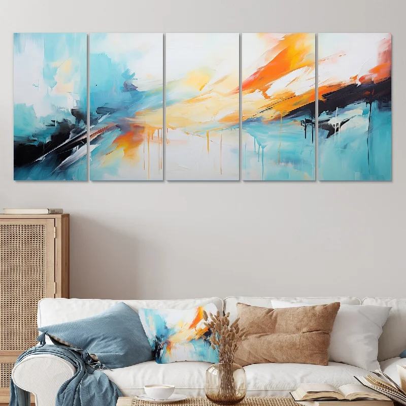 nature-inspired vintage cityscape paintings-Designart "Azure Blue Yellow Fusion II" Blue Abstract Painting Set Of 5 - Modern Oversized Canvas Art For Bedroom Decor