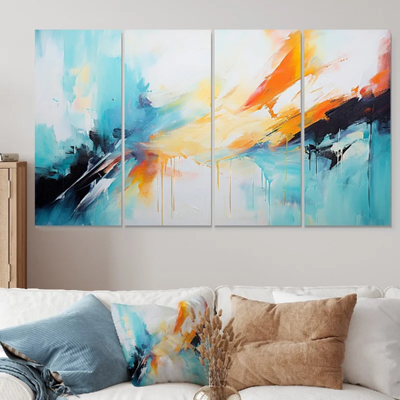 tropical cityscape canvas art paintings-Designart "Azure Blue Yellow Fusion III" Abstract Painting Extra Large Canvas Set Of 4 - Oversized Modern Wall Art